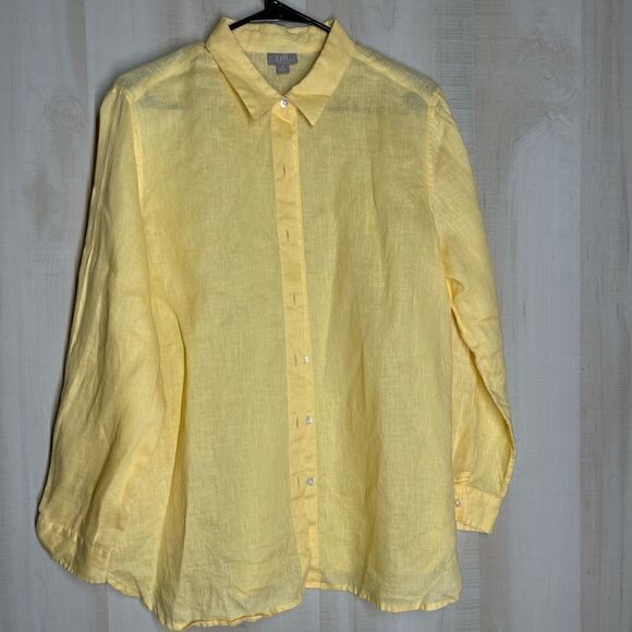 J. Jill yellow 100% linen long sleeve button front shirt blouse top, size medium - Picture 1 of 15
